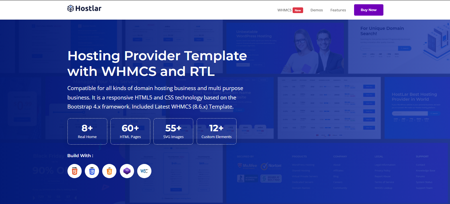 Hostlar v10.5.0 - Domain Hosting Provider HTML Template with WHMCS and RTL